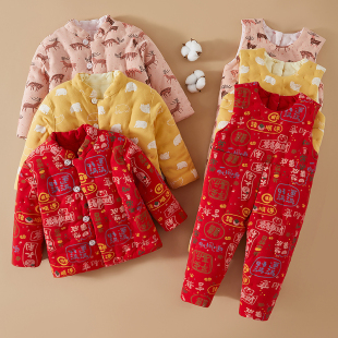 宝宝手工棉衣纯棉花背带裤男女儿童棉袄棉裤加厚婴幼儿棉服套装冬