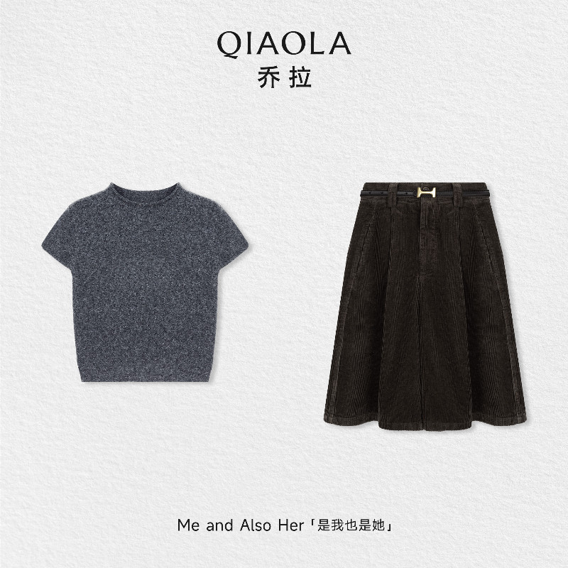 乔拉【十月雾都】羊毛混纺正肩毛衣t恤女复古灯芯绒裤一整套穿搭