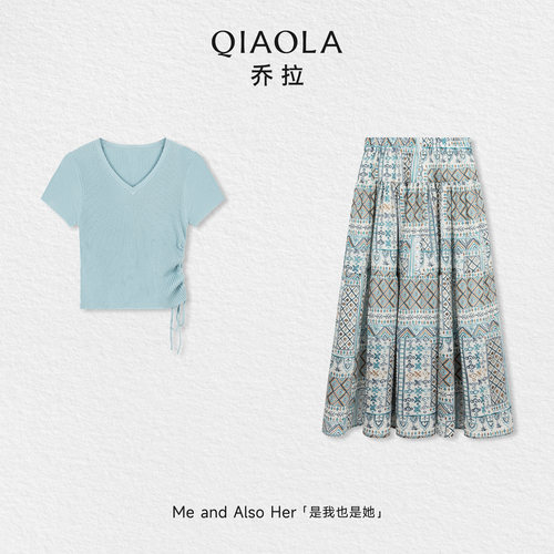 乔拉【夏日私藏】夏季浪漫少女风V领短袖上衣高腰A字半裙套装