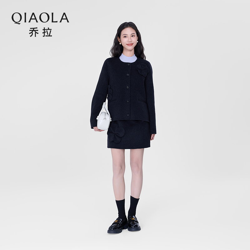 乔拉【暮雪精灵】秋季新款灰色宽松双面呢圆领长袖外套裙子套装女