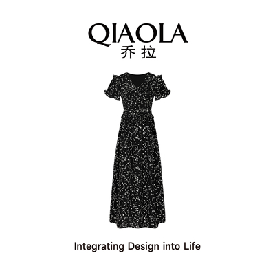 乔拉V领减龄黑色波点连衣裙