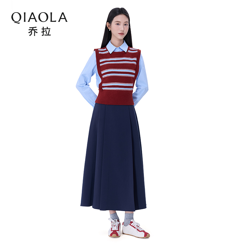 乔拉条纹衬衫上衣半身裙套装女