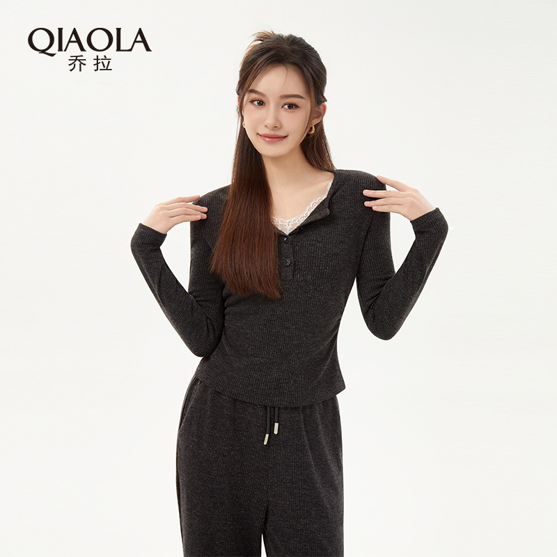 乔拉蕾丝拼接v领针织衫女