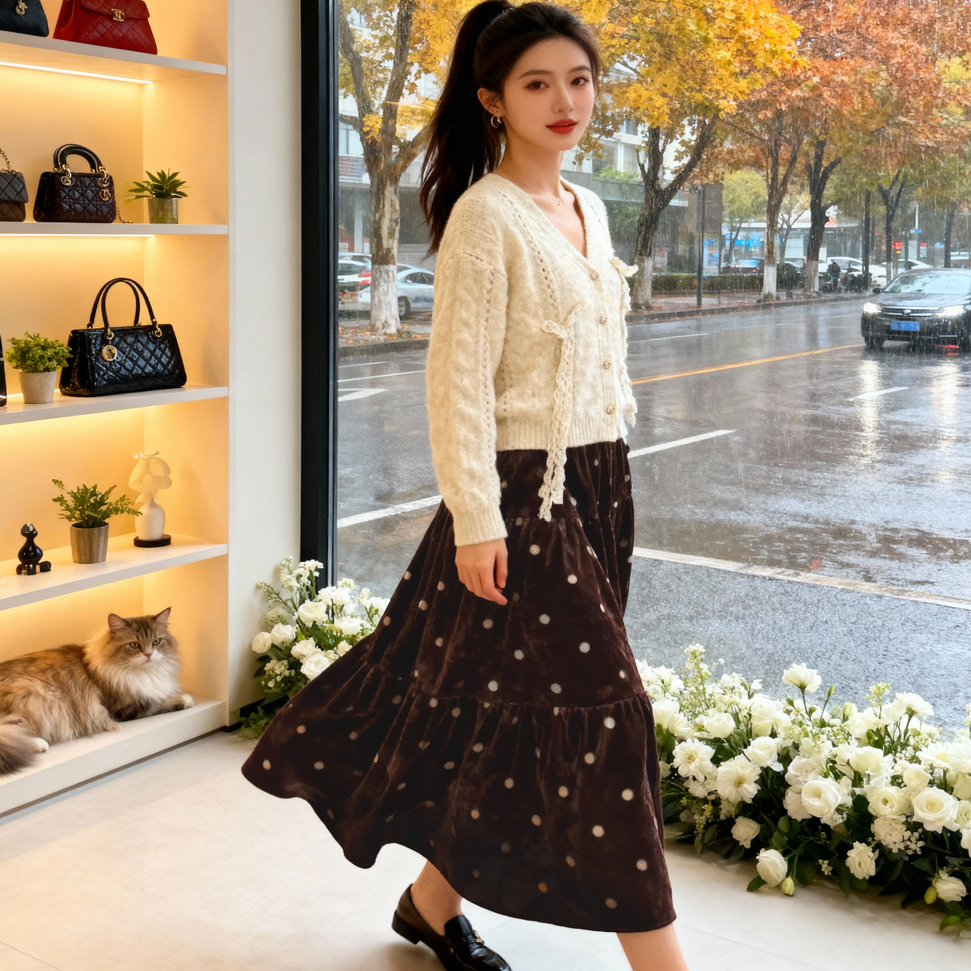 乔拉针织开衫外套半身裙套装女