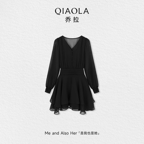 乔拉【温柔夜语】夏季假两件V领开门襟压褶收腰绑带连衣裙