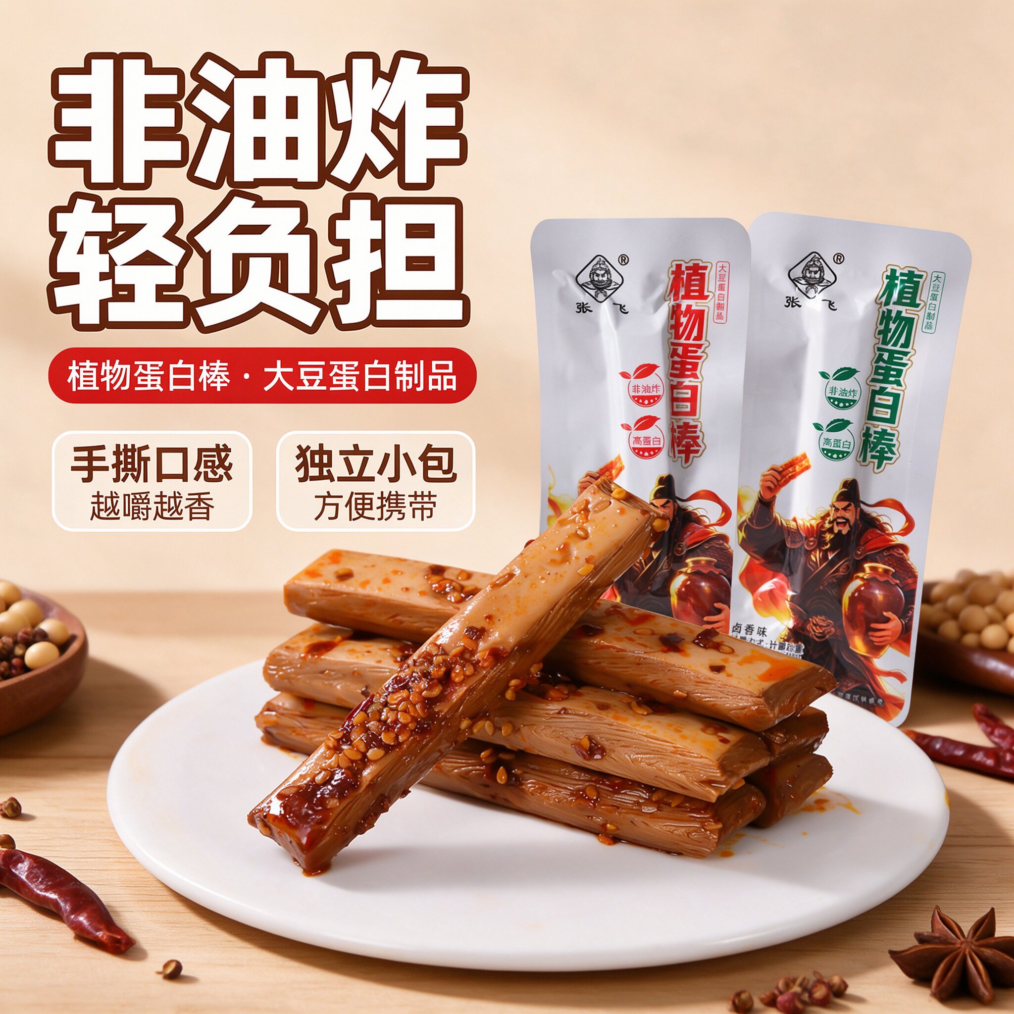 张飞豆干植物蛋白棒非油炸手撕素肉麻辣豆腐干即食代餐饱腹零食