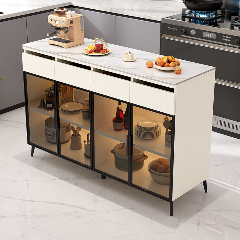 实木岩板厨房餐边柜多功能切菜桌操作台多层可移动小岛台储物柜