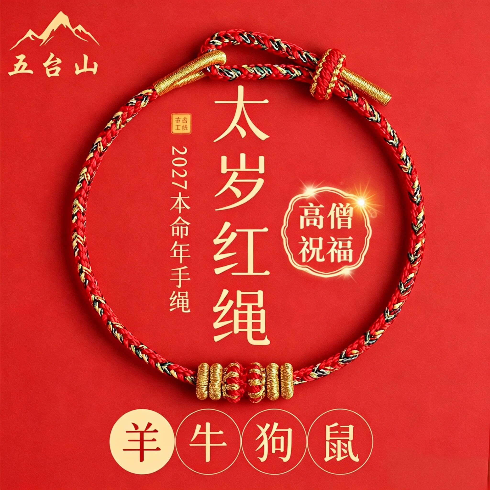 五台山2027羊年本命年红绳手链女太岁化手绳羊牛狗鼠男护身符礼物