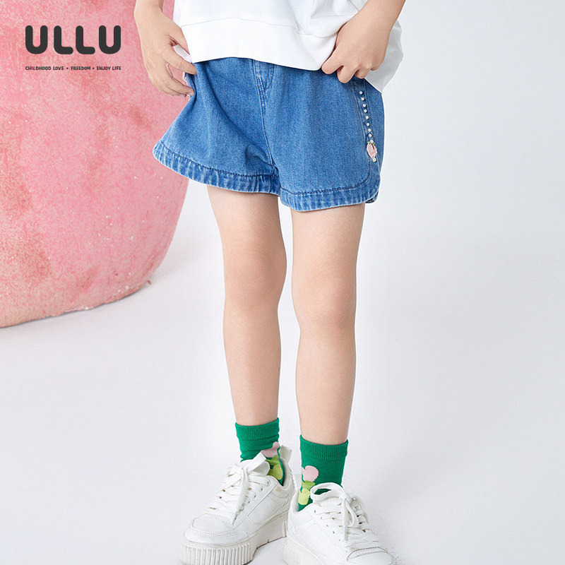 优露童装女童短裤ULLU25夏款弧形拼接下摆可爱小蜜桃绣花牛仔短裤