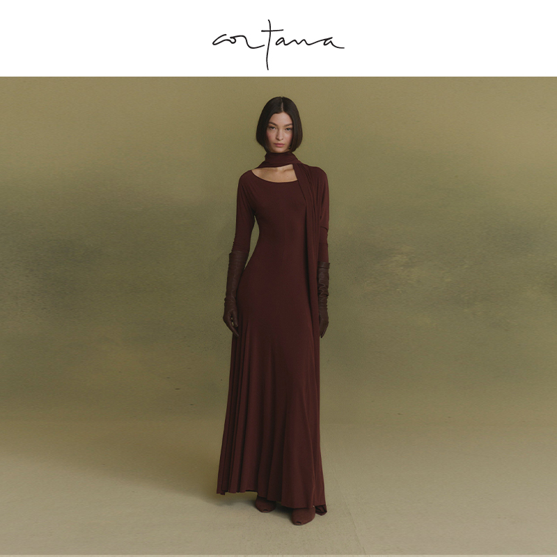 Cortana Velora长袖V领连衣裙 秋冬收腰显瘦长款裙 小众设计感