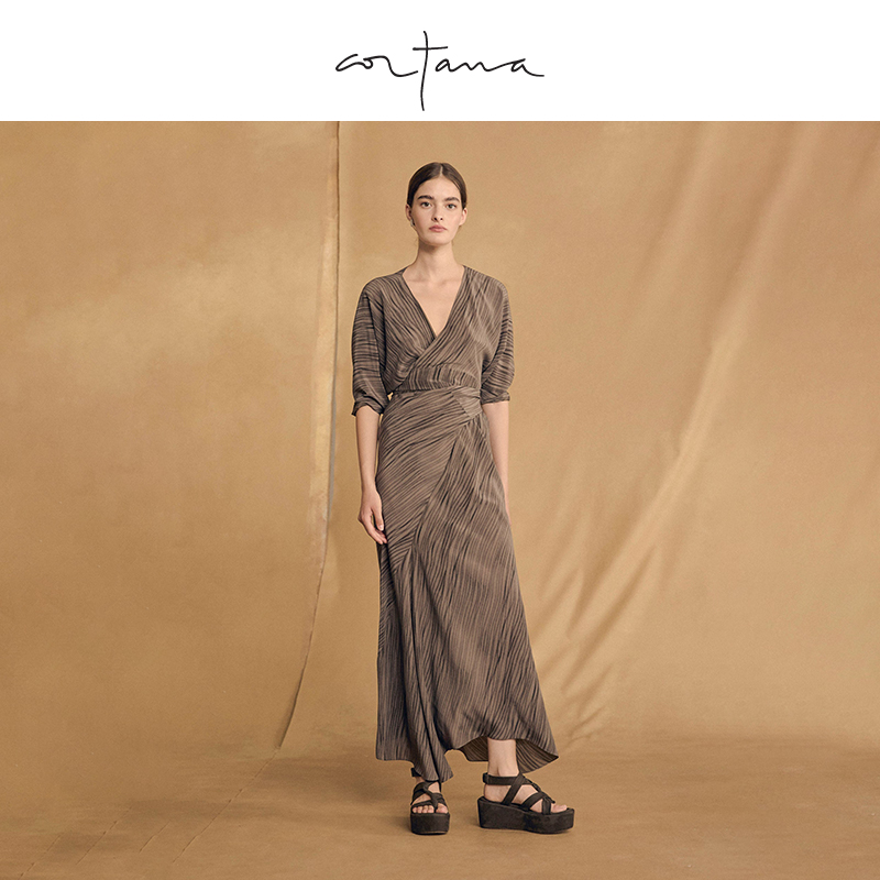 Cortana连衣裙真丝丝绸V领创意水彩画印花连衣裙Tarantella