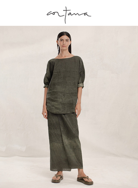 Cortana亚麻真丝混纺宽松上衣七分袖V领褶皱双面穿T恤PAPIRO系列