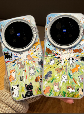 油画爆炸小猫小狗手机壳适用vivox300pro涂鸦200promini可爱100ultra卡通90s情侣80新款70男60女por外壳创意
