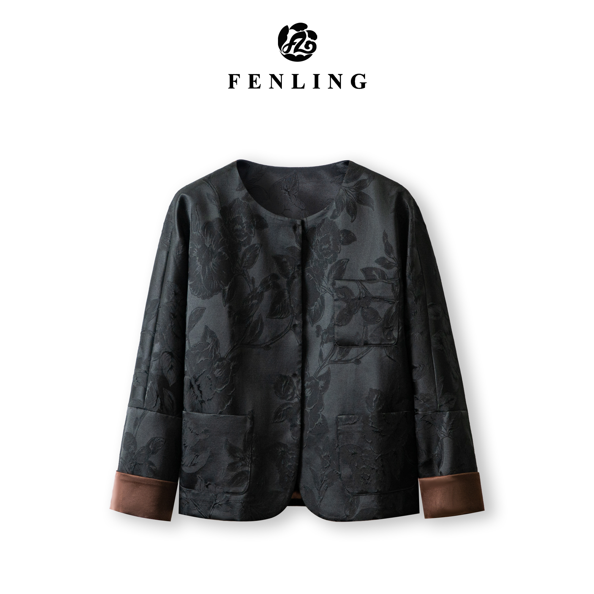 芬领-富贵花-桑蚕丝香云纱重缎提花国风圆领长袖外套WT43-WT46