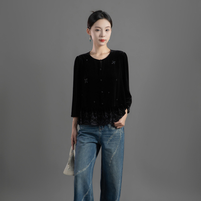 今秋-秋季100%桑蚕丝设计款丝绒圆领长袖蕾丝下摆上衣SY2691