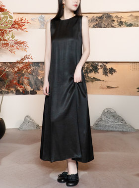 锦纯-桑蚕丝老料本色香云纱圆领大裙摆连衣裙显瘦百搭SY1650