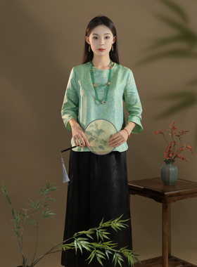 敦煌宝相花-夏季100%桑蚕丝薯莨对花彩印织金七分袖圆领SY2469