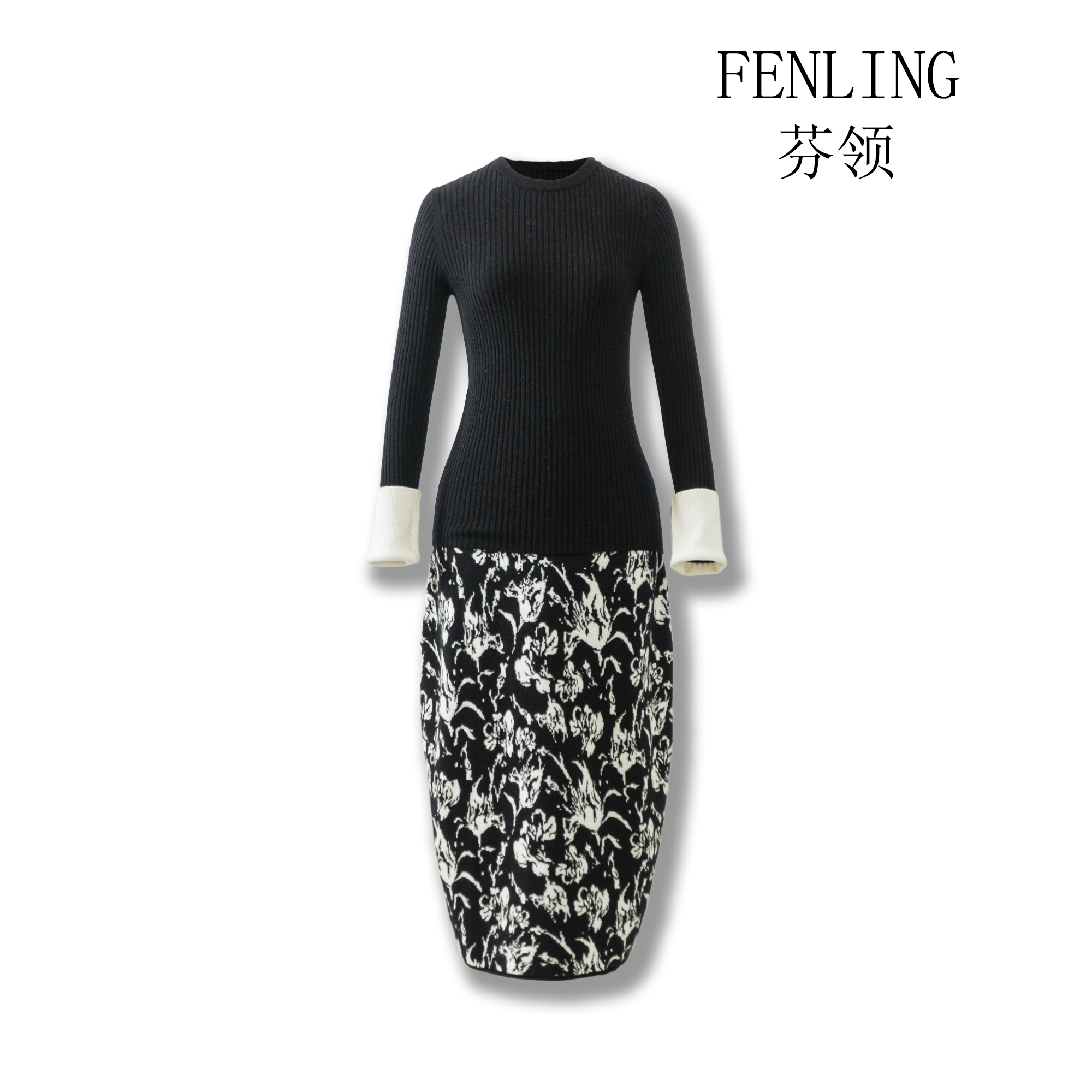 芬领-温婉-小香风时尚款100绵羊毛连衣裙长袖半身裙修身优雅