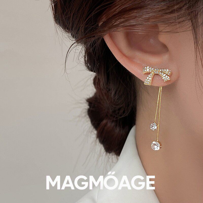 MAGMOAGE金色水钻蝴蝶结流苏耳环