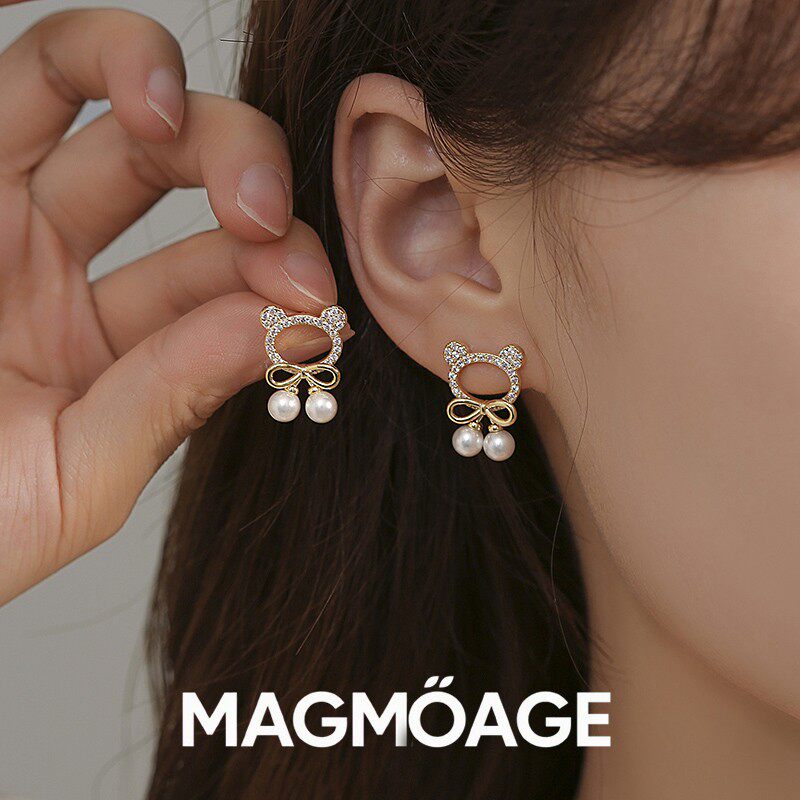 法国【设计师】MAGMOAGE珍珠蝴蝶结小熊耳钉?小众设计感耳环耳夹