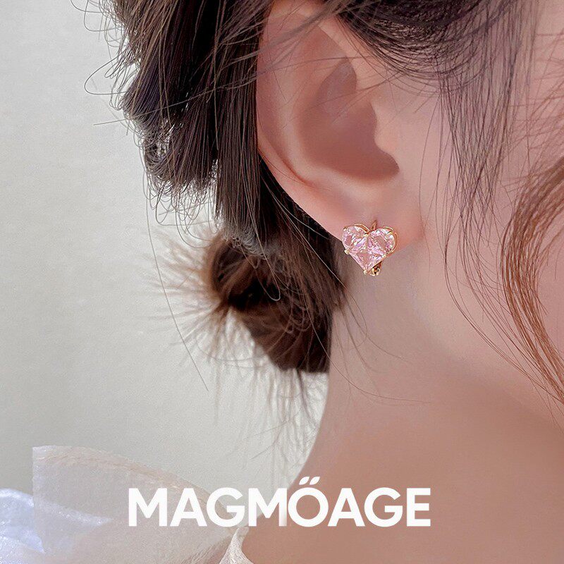 法国【设计师】MAGMOAGE粉红色锆石爱心耳扣?高级感设计气质耳饰