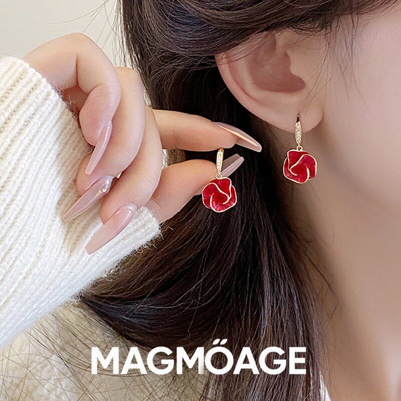 法国【设计师】MAGMOAGE丨真金电镀丨红色玫瑰花耳环女丨小众设计
