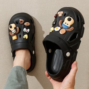 女 美式 踩屎感洞洞鞋 男士 2023情侣外穿防滑卡通厚底沙滩包头凉拖鞋