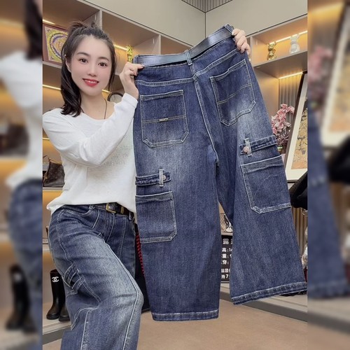 美式复古九分工装牛仔裤女