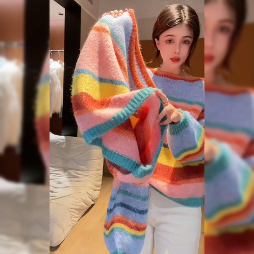 高级感撞色条纹套头毛衣女