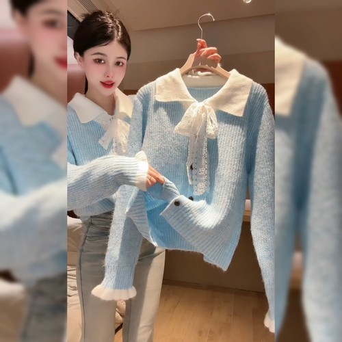 高级感温柔风蓝色针织衫女