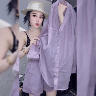 时尚单排扣紫色棉麻衬衫套装欧洲站欧货爆款高腰亚麻短裤两件套女