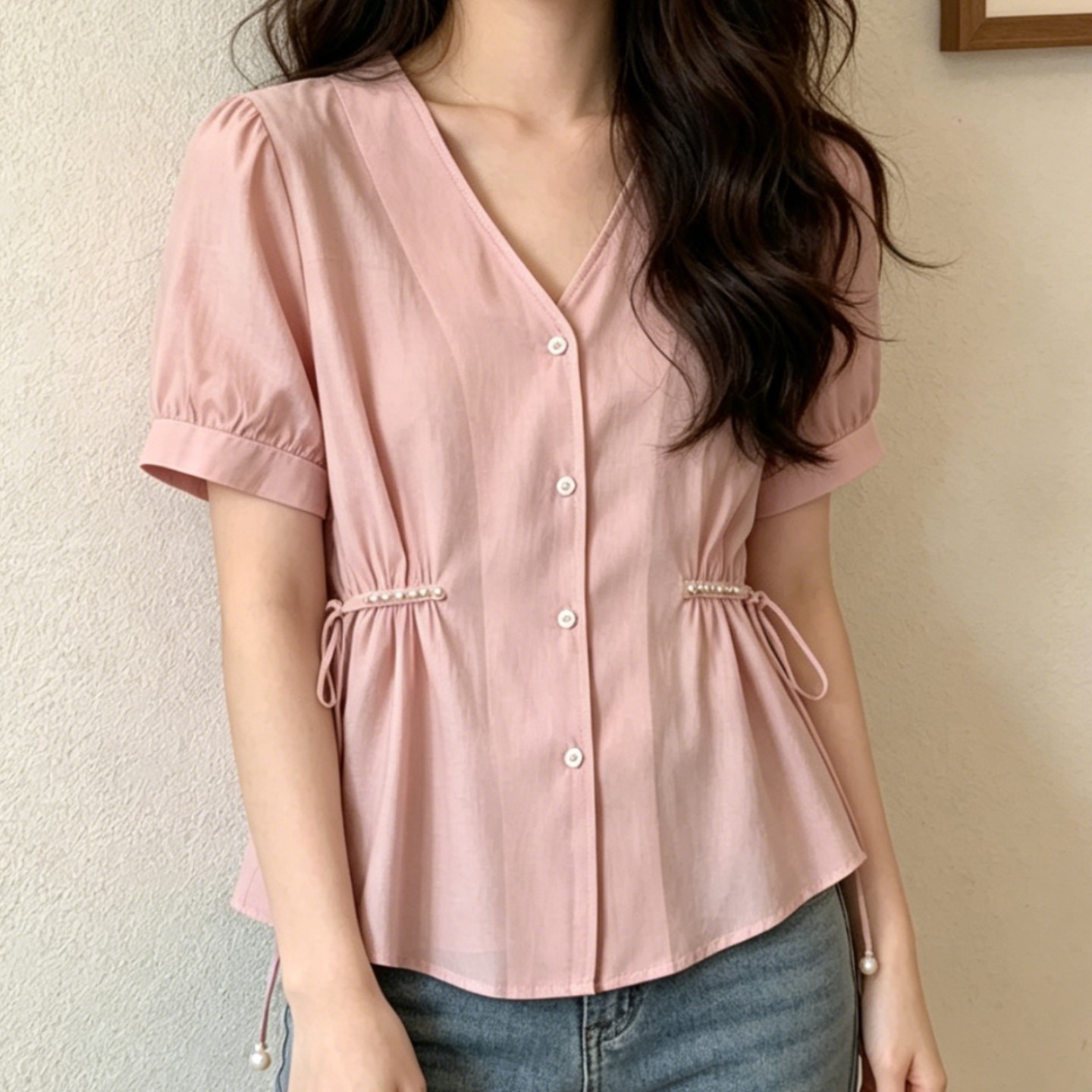 法式气质收腰v领短袖衬衫女夏季新款设计感系带修身百搭粉色上衣