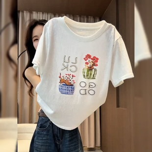 时尚透气圆领短袖白色上衣夏季新款小个子韩版宽松显瘦套头T恤女