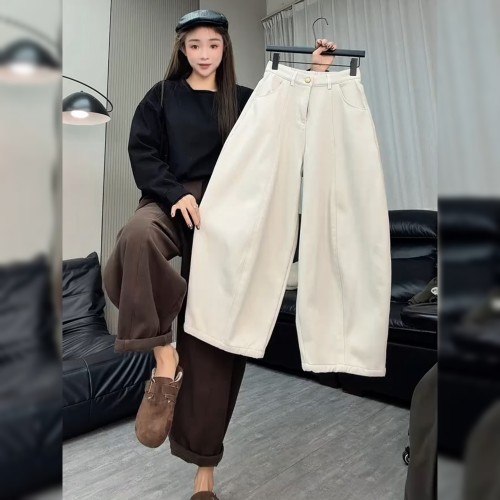 欧洲站欧货杏色加绒休闲裤