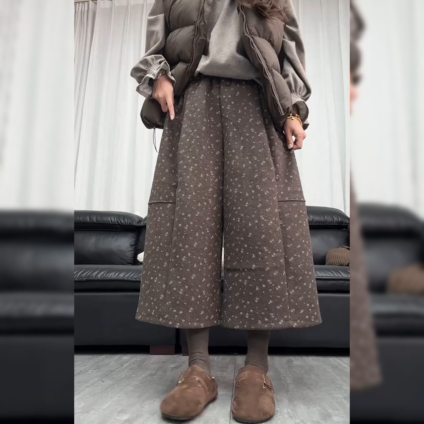 欧洲站欧货咖色呢料休闲裤秋冬新款时尚高腰宽松显瘦垂感阔腿裤女