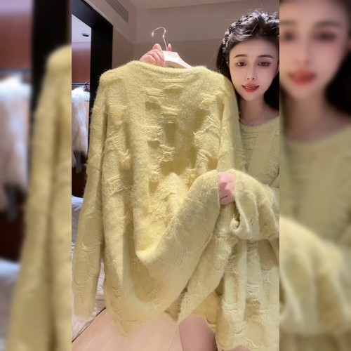时尚慵懒风气质黄色毛衣女