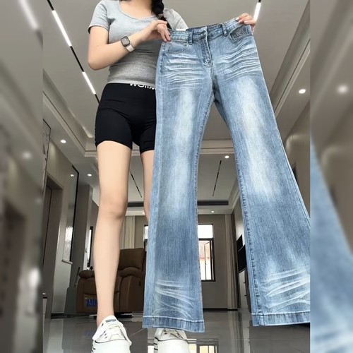 美式复古洋气蓝色牛仔裤女