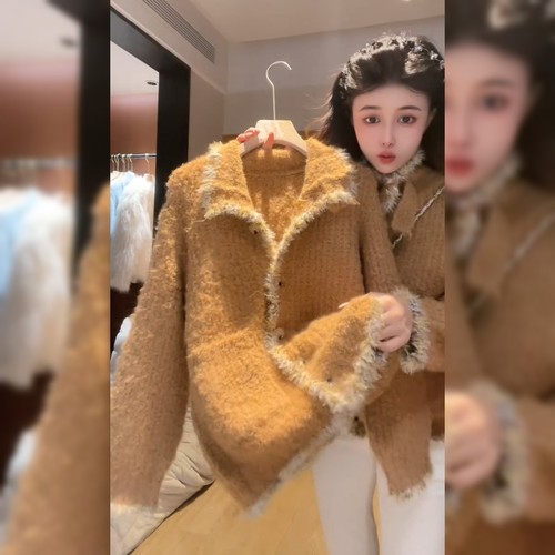 时尚洋气焦糖色毛衣外套女