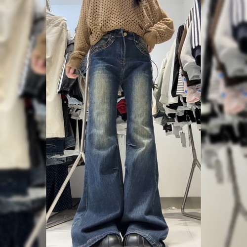 美式复古抽绳蓝色牛仔裤女