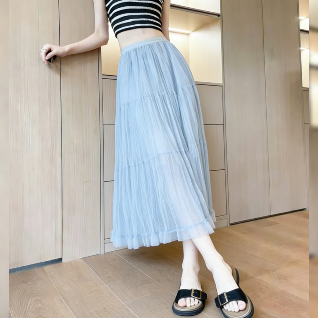 法式飘逸大摆重工褶皱半身裙夏季新款简约时尚洋气高腰蓝色网纱裙