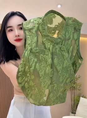 新中式重工提花绿色上衣女夏季新款别致高级感气质宽松显瘦衬衣