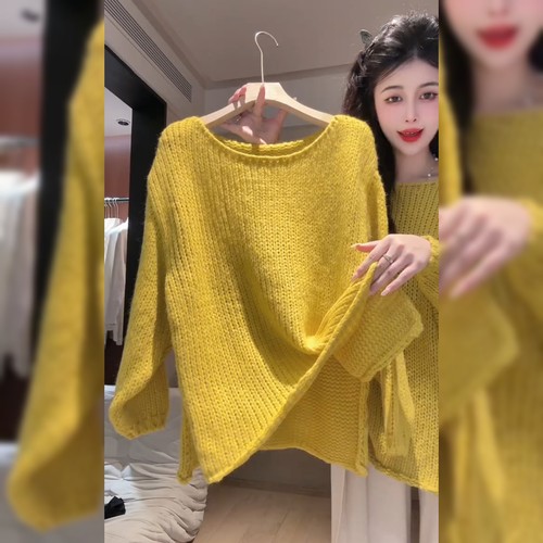 时尚韩系慵懒风黄色毛衣女