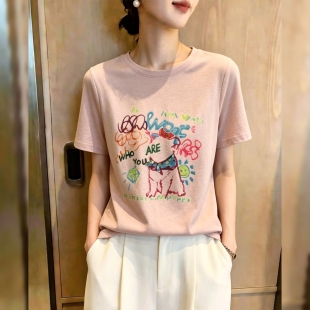 设计感炸街印花粉色T恤女夏季新款时尚韩系气质宽松显瘦短袖上衣