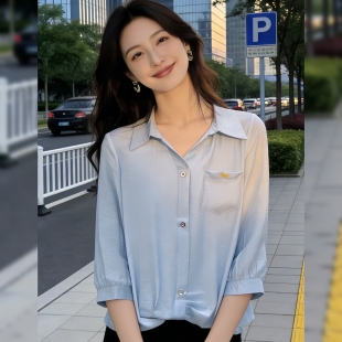 七分袖 时尚 蓝色衬衫 新款 高级感气质宽松休闲百搭上衣 女夏季 法式