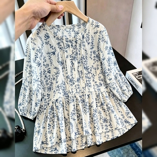 高级感七分袖碎花衬衣女夏季薄款小个子时尚宽松慵懒风防晒衬衫