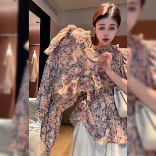 时尚韩系气质碎花上衣女夏季新款设计感炸街别致独特宽松显瘦衬衣