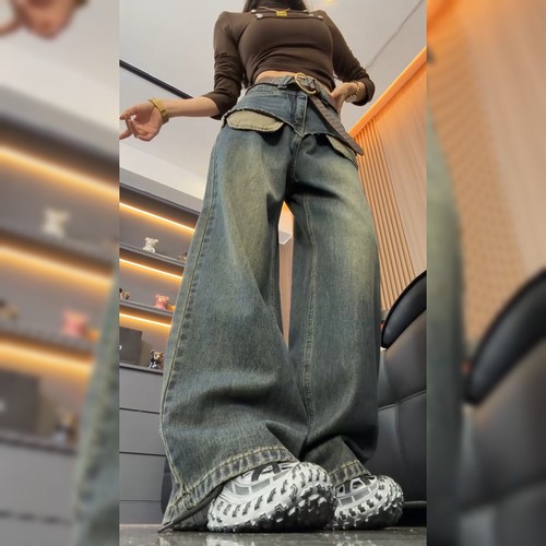 高腰直筒宽松蓝色牛仔裤女