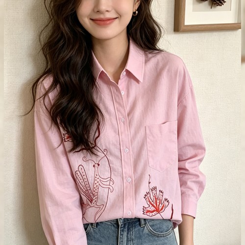 设计感粉色刺绣防晒衬衣女