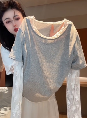 韩系蕾丝拼接灰色假两件女夏季新款设计感炸街小个子休闲套头T恤
