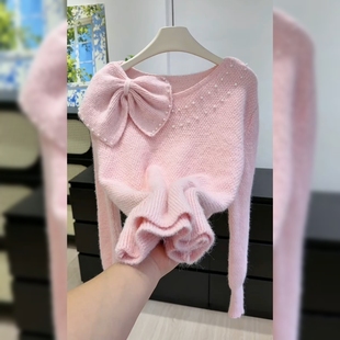设计感立体蝴蝶结粉色毛衣女秋冬新款时尚韩系温柔风软糯针织上衣